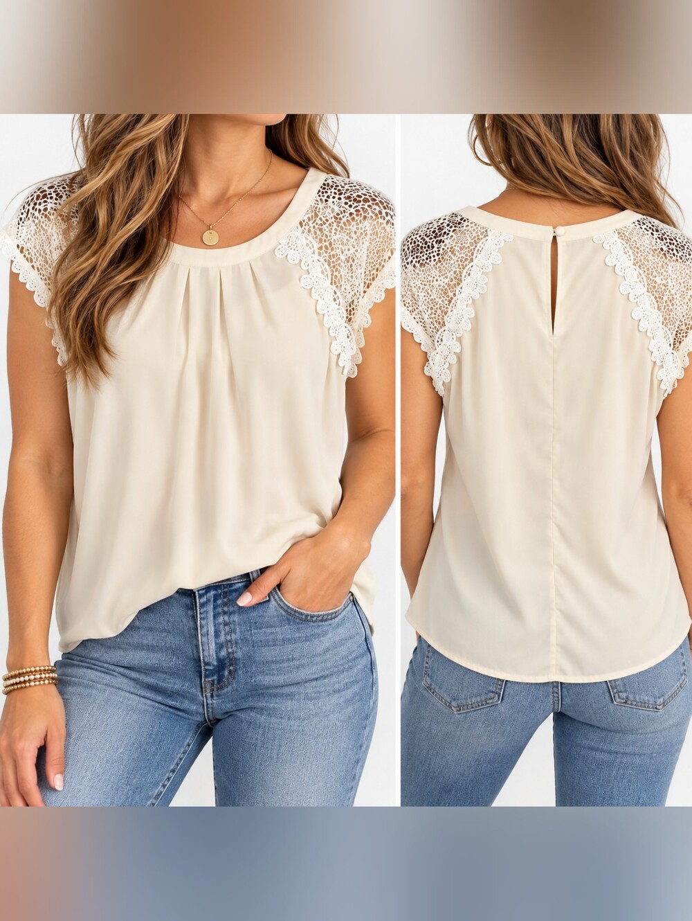 Altar’d State Ivory Crochet Lace Sleeve Blouse Top Women’s Large L Boho